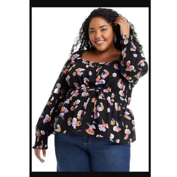 282 Plus Size Black Floral Long Sleeve Peplum Top - Picture 1 of 3